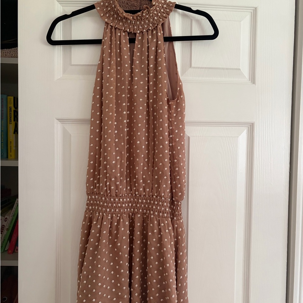 Amanda Uprichard Sleeveless Tan Polka Dot Halter Dress